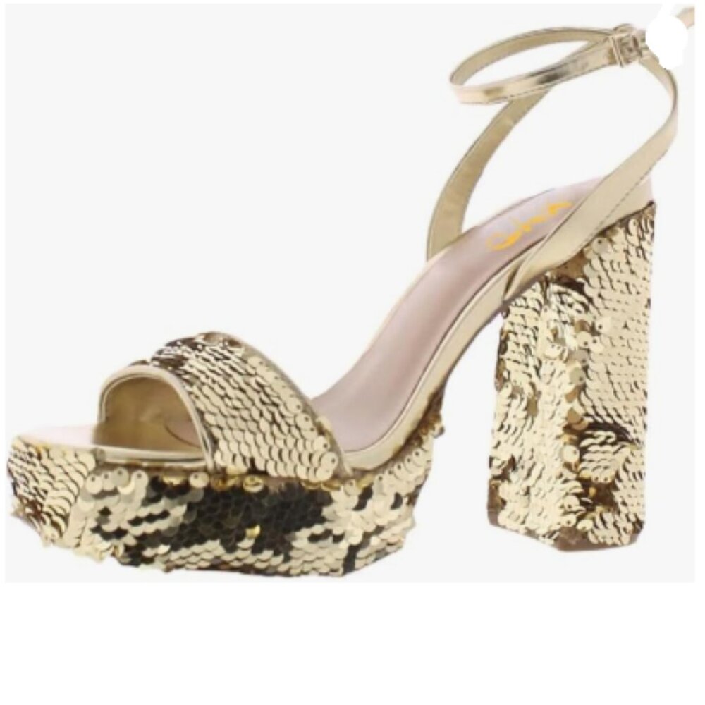 XYD Gold Sequined Platform High Heel Block Square Open Toe Ankle Strap Sandals